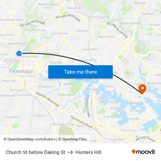 Church St before Daking St to Hunters Hill map