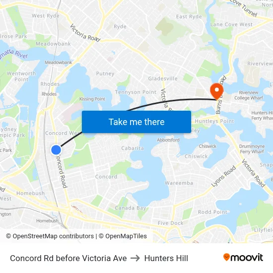 Concord Rd before Victoria Ave to Hunters Hill map