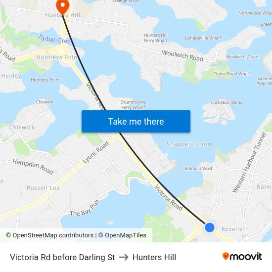 Victoria Rd before Darling St to Hunters Hill map