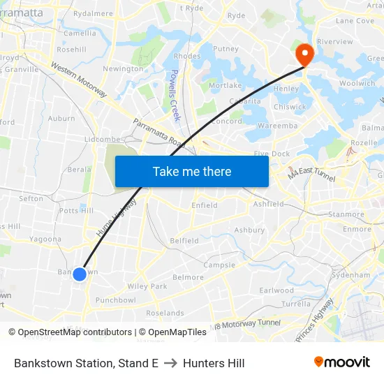 Bankstown Station, Stand E to Hunters Hill map