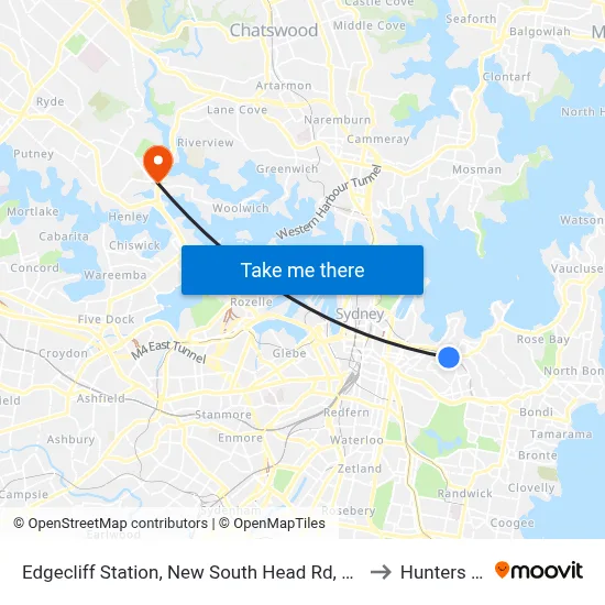 Edgecliff Station, New South Head Rd, Stand N to Hunters Hill map