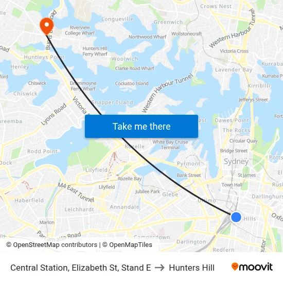 Central Station, Elizabeth St, Stand E to Hunters Hill map