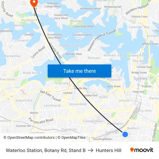 Waterloo Station, Botany Rd, Stand B to Hunters Hill map