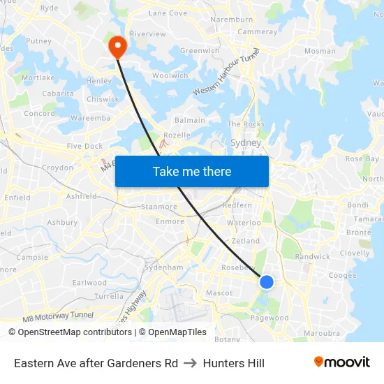 Eastern Ave after Gardeners Rd to Hunters Hill map