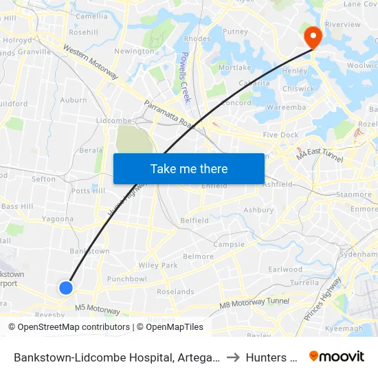Bankstown-Lidcombe Hospital, Artegall St to Hunters Hill map