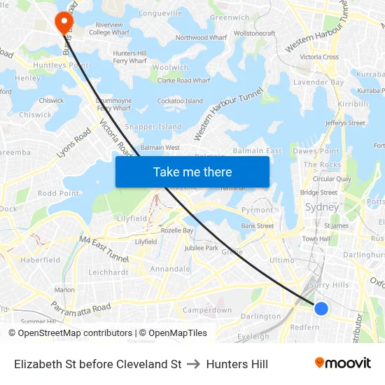 Elizabeth St before Cleveland St to Hunters Hill map