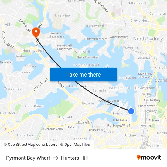 Pyrmont Bay Wharf to Hunters Hill map