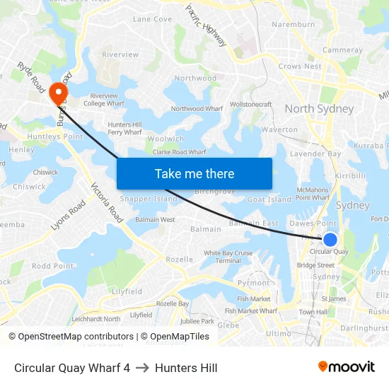 Circular Quay Wharf 4 to Hunters Hill map