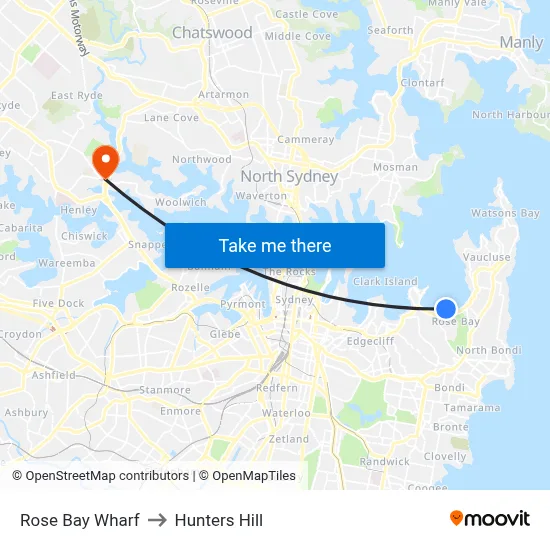 Rose Bay Wharf to Hunters Hill map