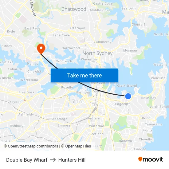 Double Bay Wharf to Hunters Hill map