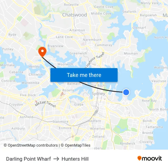 Darling Point Wharf to Hunters Hill map