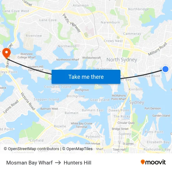 Mosman Bay Wharf to Hunters Hill map