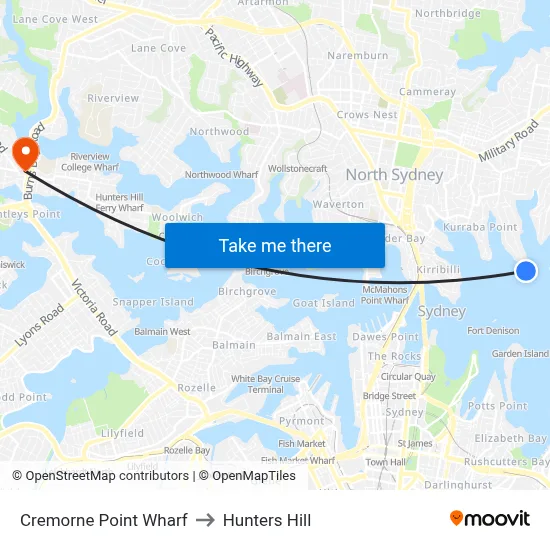 Cremorne Point Wharf to Hunters Hill map