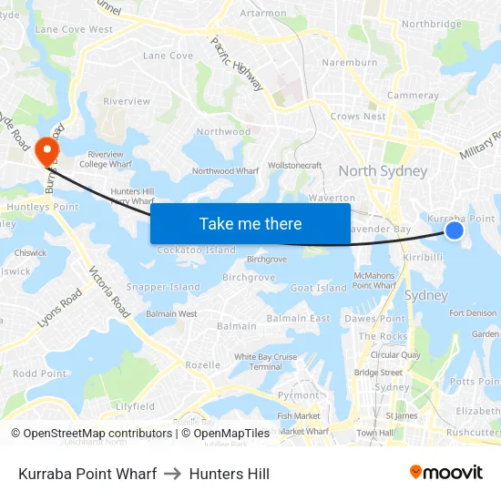 Kurraba Point Wharf to Hunters Hill map