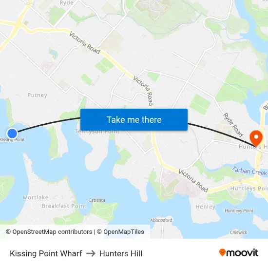 Kissing Point Wharf to Hunters Hill map