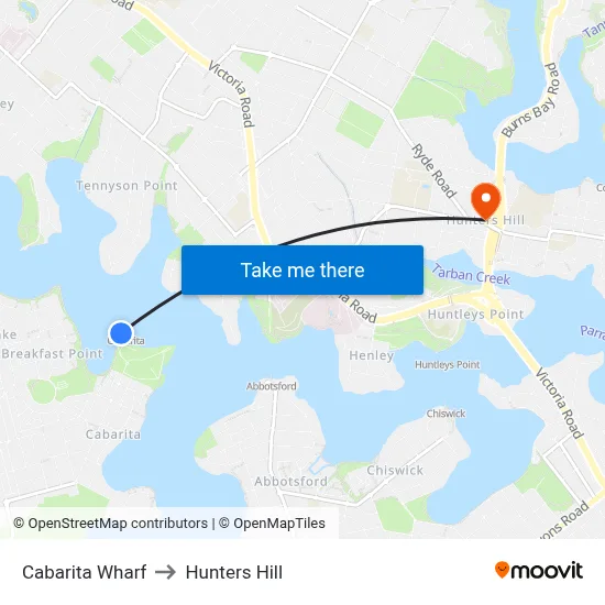 Cabarita Wharf to Hunters Hill map