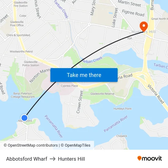 Abbotsford Wharf to Hunters Hill map