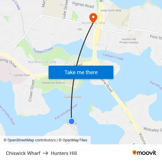 Chiswick Wharf to Hunters Hill map