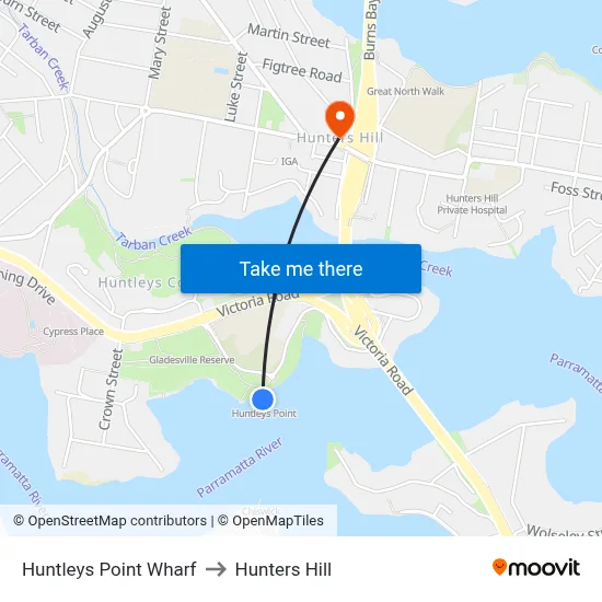 Huntleys Point Wharf to Hunters Hill map