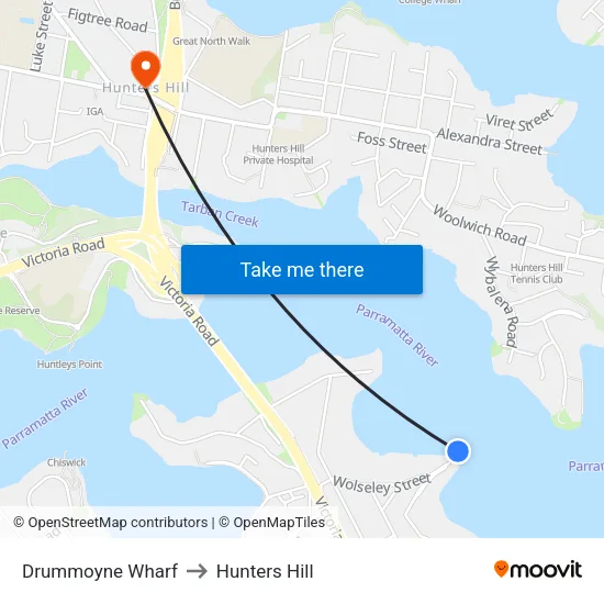 Drummoyne Wharf to Hunters Hill map