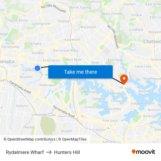 Rydalmere Wharf to Hunters Hill map