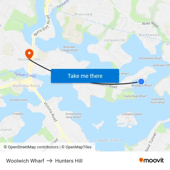 Woolwich Wharf to Hunters Hill map
