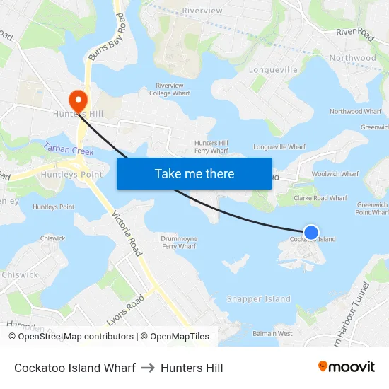 Cockatoo Island Wharf to Hunters Hill map