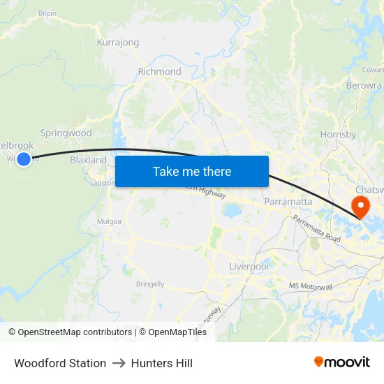 Woodford Station to Hunters Hill map
