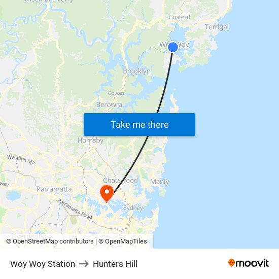 Woy Woy Station to Hunters Hill map