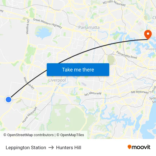 Leppington Station to Hunters Hill map