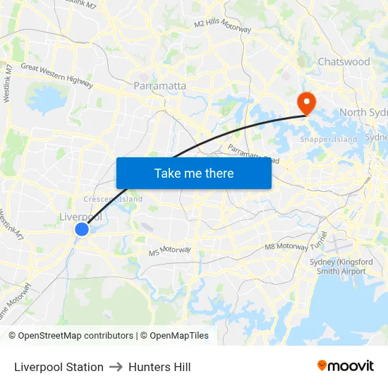 Liverpool Station to Hunters Hill map