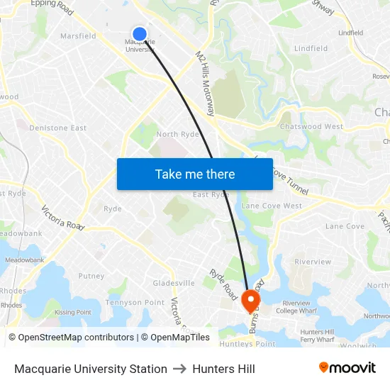 Macquarie University Station to Hunters Hill map