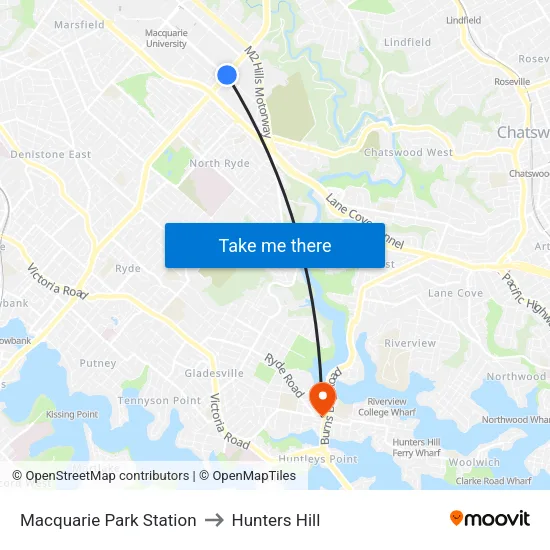 Macquarie Park Station to Hunters Hill map