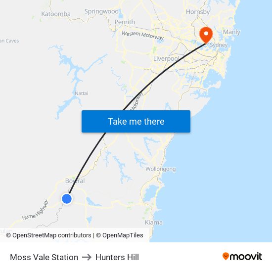 Moss Vale Station to Hunters Hill map