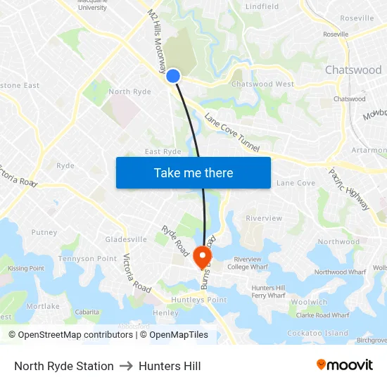 North Ryde Station to Hunters Hill map