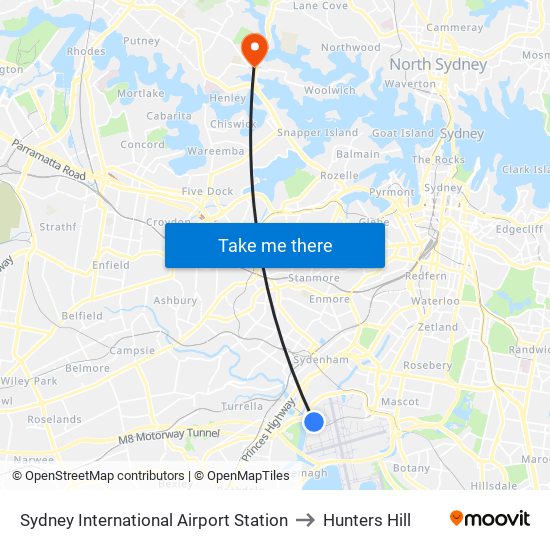 Sydney International Airport Station to Hunters Hill map