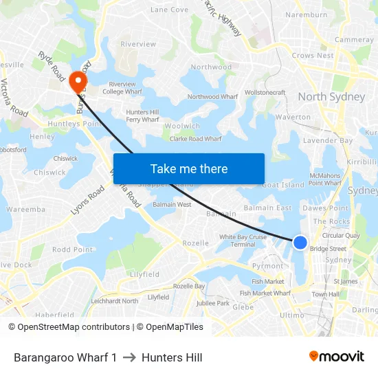 Barangaroo Wharf 1 to Hunters Hill map