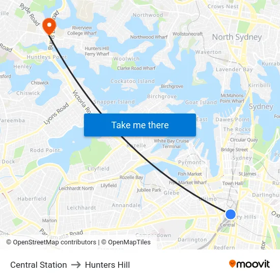 Central Station to Hunters Hill map