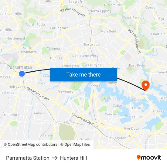 Parramatta Station to Hunters Hill map
