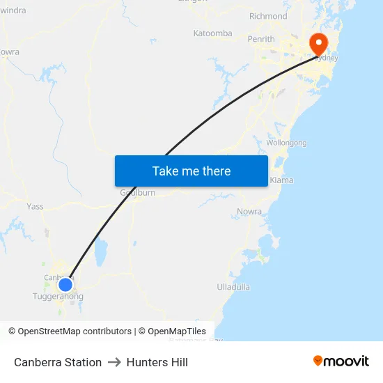 Canberra Station to Hunters Hill map