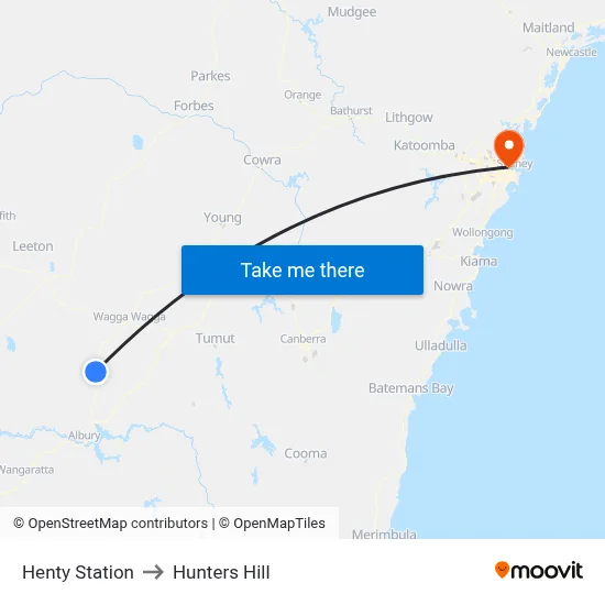 Henty Station to Hunters Hill map