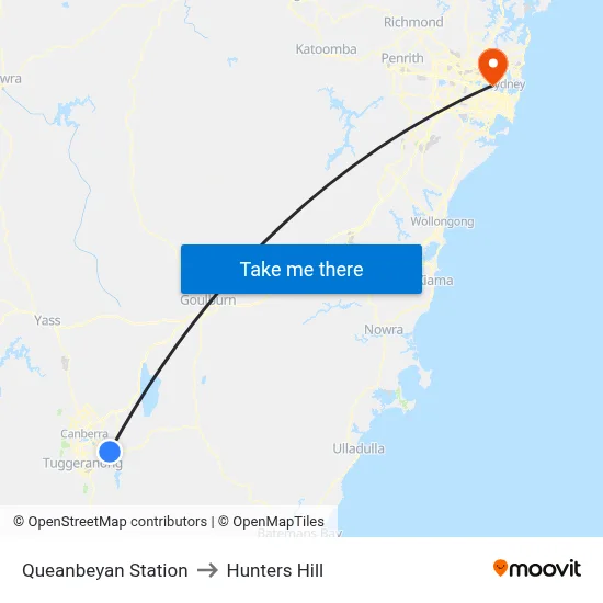 Queanbeyan Station to Hunters Hill map