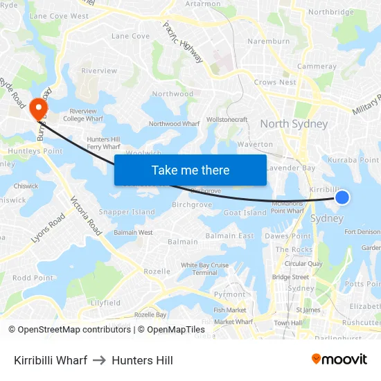 Kirribilli Wharf to Hunters Hill map