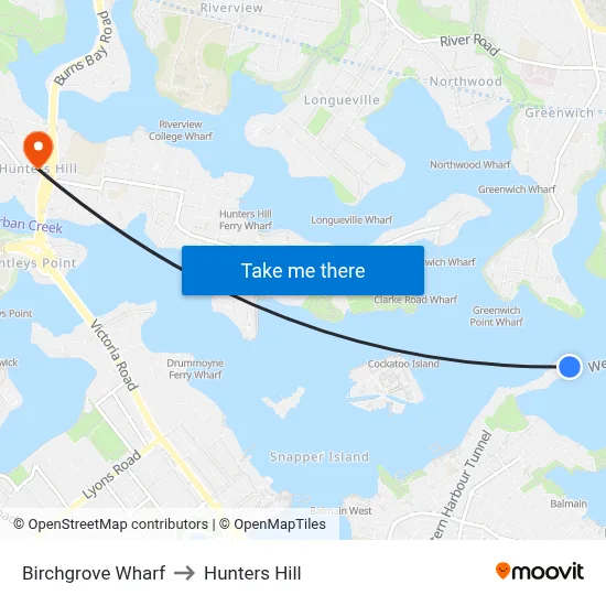 Birchgrove Wharf to Hunters Hill map