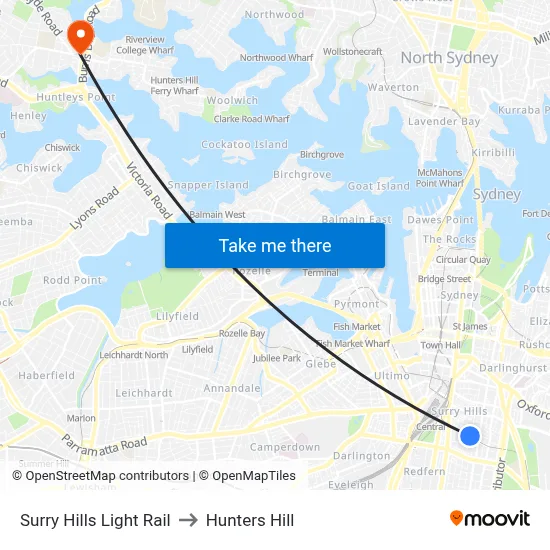 Surry Hills Light Rail to Hunters Hill map