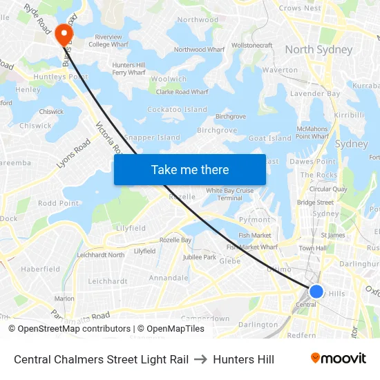 Central Chalmers Street Light Rail to Hunters Hill map