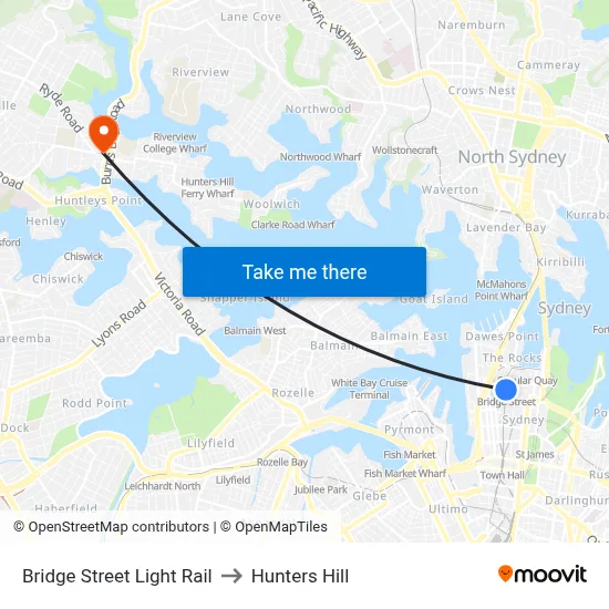 Bridge Street Light Rail to Hunters Hill map