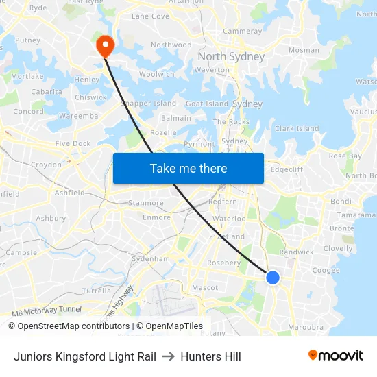 Juniors Kingsford Light Rail to Hunters Hill map