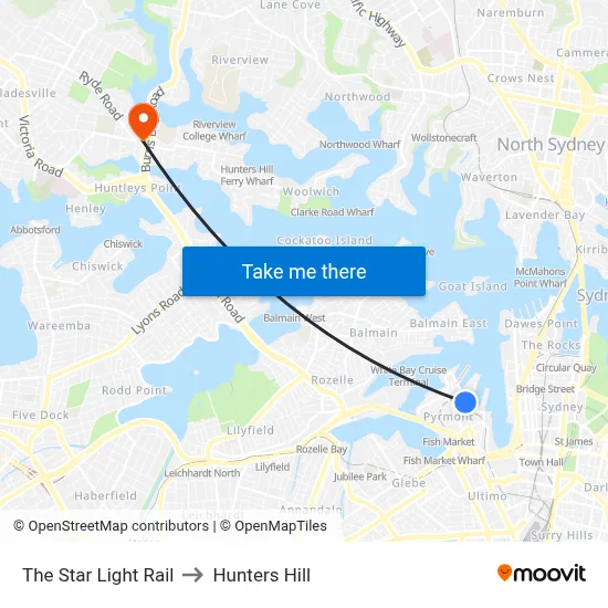 The Star Light Rail to Hunters Hill map