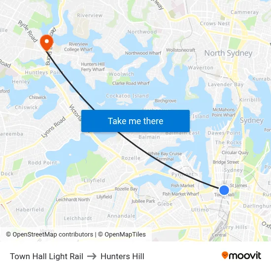 Town Hall Light Rail to Hunters Hill map